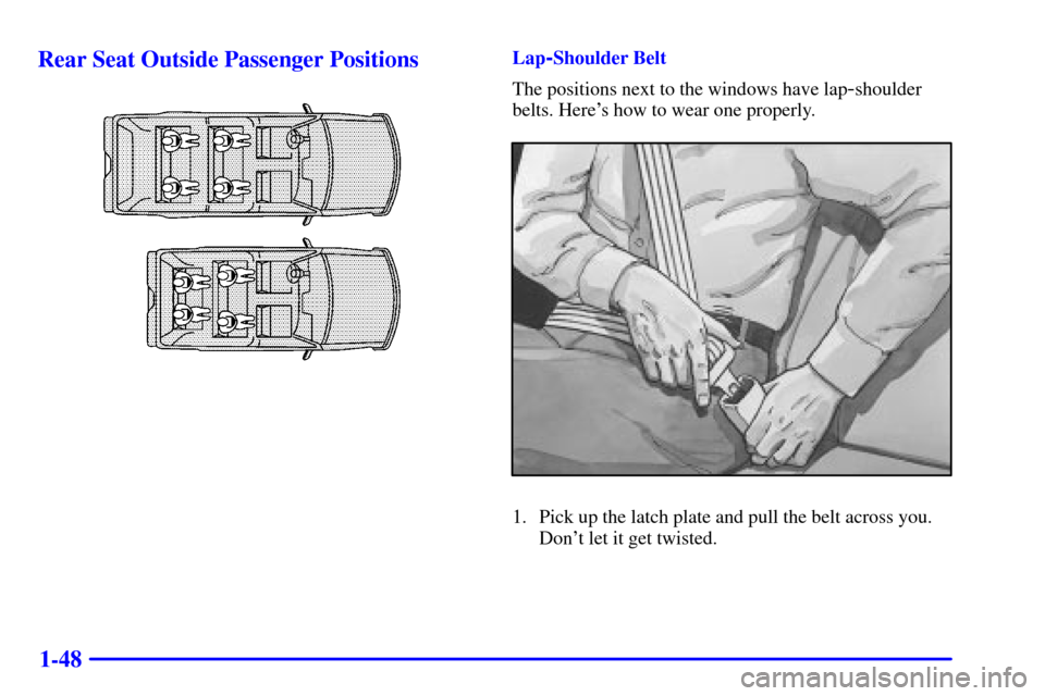 CHEVROLET SUBURBAN 2002 9.G Owners Manual 1-48 Rear Seat Outside Passenger Positions
Lap-Shoulder Belt
The positions next to the windows have lap
-shoulder
belts. Heres how to wear one properly.
1. Pick up the latch plate and pull the belt a