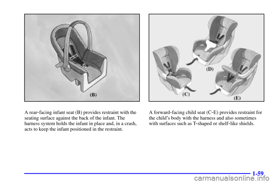 CHEVROLET SUBURBAN 2002 9.G Owners Manual 1-59
A rear-facing infant seat (B) provides restraint with the
seating surface against the back of the infant. The
harness system holds the infant in place and, in a crash,
acts to keep the infant pos