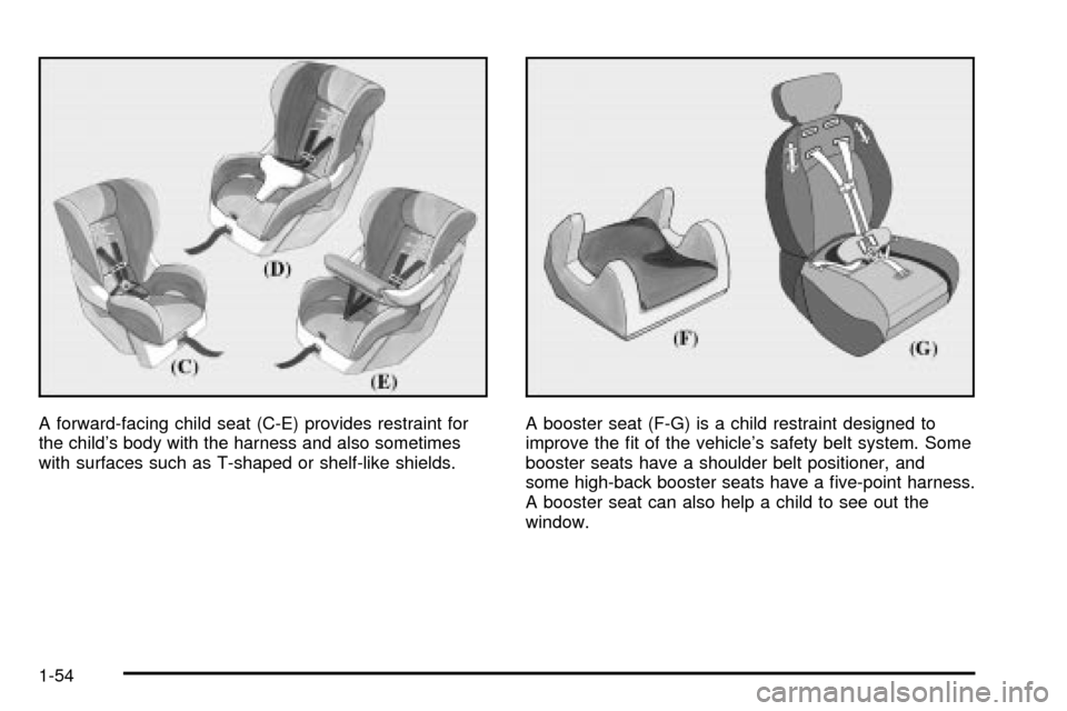 CHEVROLET SUBURBAN 2003 9.G Owners Manual A forward-facing child seat (C-E) provides restraint for
the childs body with the harness and also sometimes
with surfaces such as T-shaped or shelf-like shields.A booster seat (F-G) is a child restr