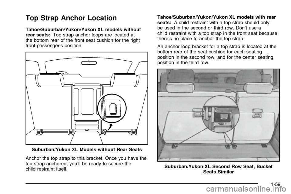 CHEVROLET SUBURBAN 2003 9.G Owners Manual Top Strap Anchor Location
Tahoe/Suburban/Yukon/Yukon XL models without
rear seats:Top strap anchor loops are located at
the bottom rear of the front seat cushion for the right
front passengers positi