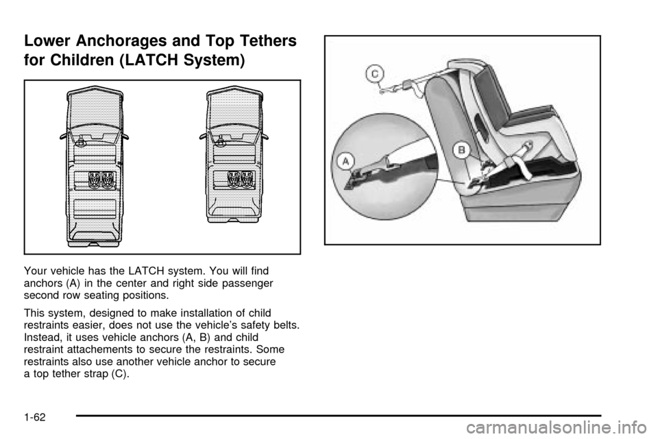 CHEVROLET SUBURBAN 2003 9.G Owners Manual Lower Anchorages and Top Tethers
for Children (LATCH System)
Your vehicle has the LATCH system. You will ®nd
anchors (A) in the center and right side passenger
second row seating positions.
This syst