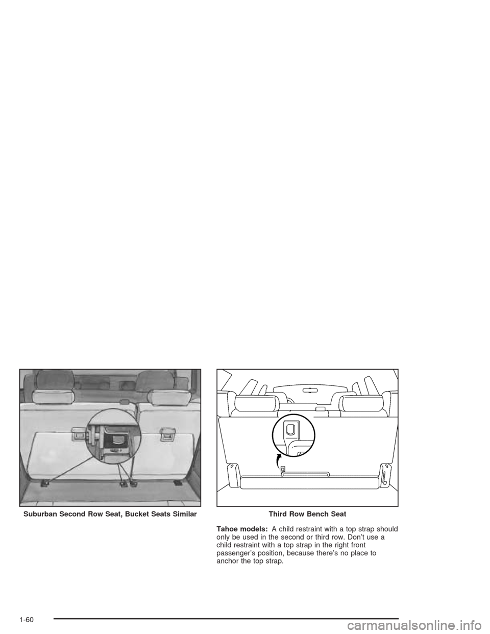 CHEVROLET SUBURBAN 2004 9.G Owners Manual Tahoe models:A child restraint with a top strap should
only be used in the second or third row. Don’t use a
child restraint with a top strap in the right front
passenger’s position, because there