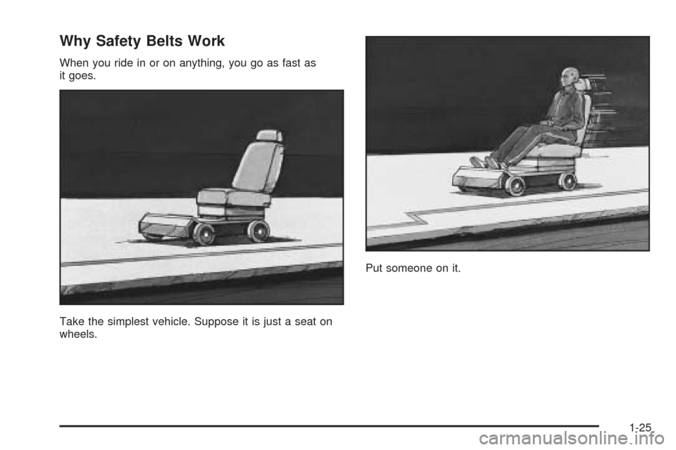 CHEVROLET SUBURBAN 2005 9.G Owners Manual Why Safety Belts Work
When you ride in or on anything, you go as fast as
it goes.
Take the simplest vehicle. Suppose it is just a seat on
wheels.Put someone on it.
1-25 
