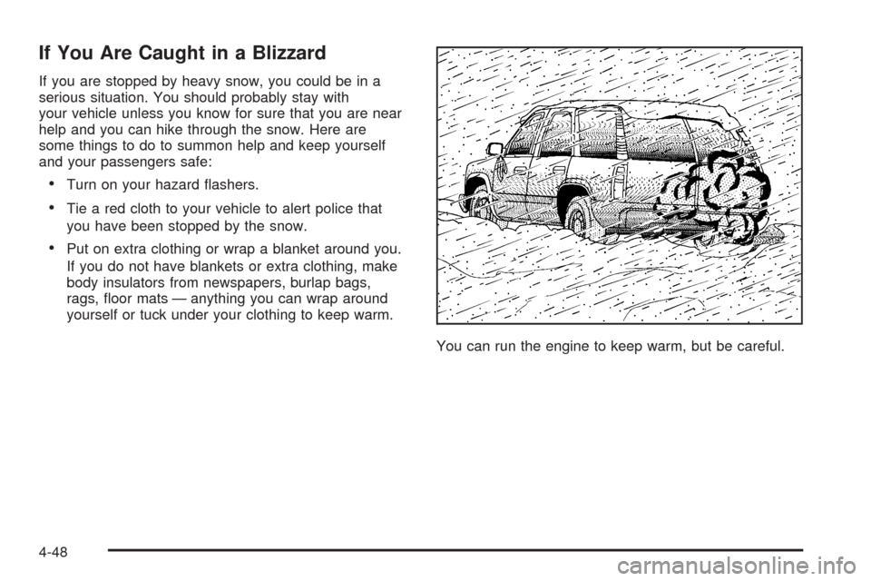 CHEVROLET SUBURBAN 2005 9.G Owners Manual If You Are Caught in a Blizzard
If you are stopped by heavy snow, you could be in a
serious situation. You should probably stay with
your vehicle unless you know for sure that you are near
help and yo