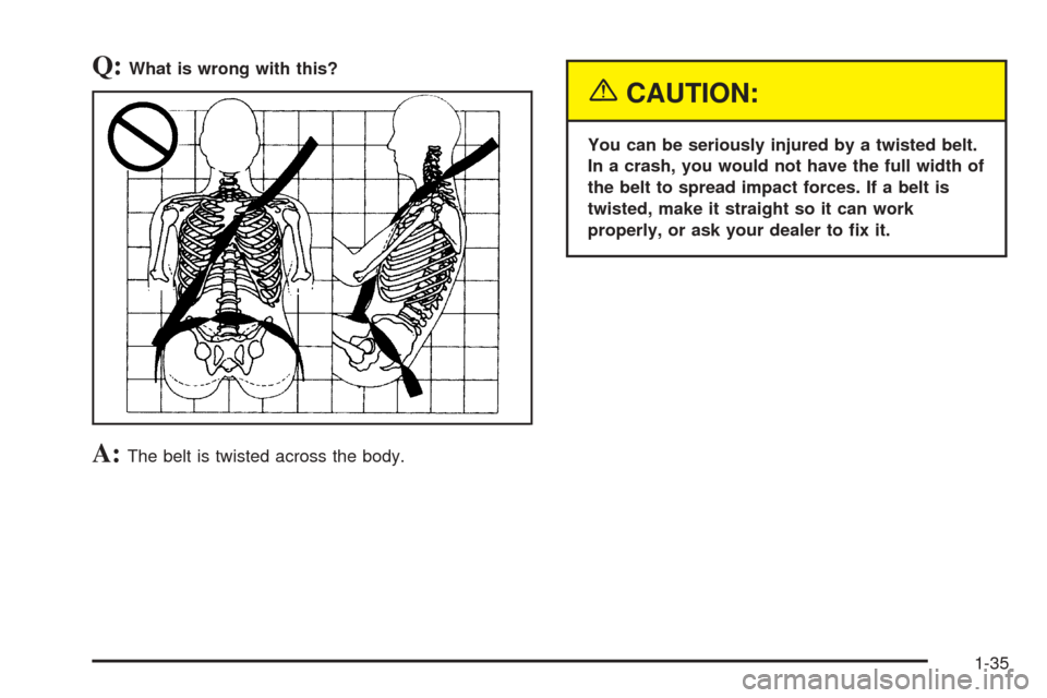 CHEVROLET SUBURBAN 2005 9.G Owners Manual Q:What is wrong with this?
A:The belt is twisted across the body.
{CAUTION:
You can be seriously injured by a twisted belt.
In a crash, you would not have the full width of
the belt to spread impact f