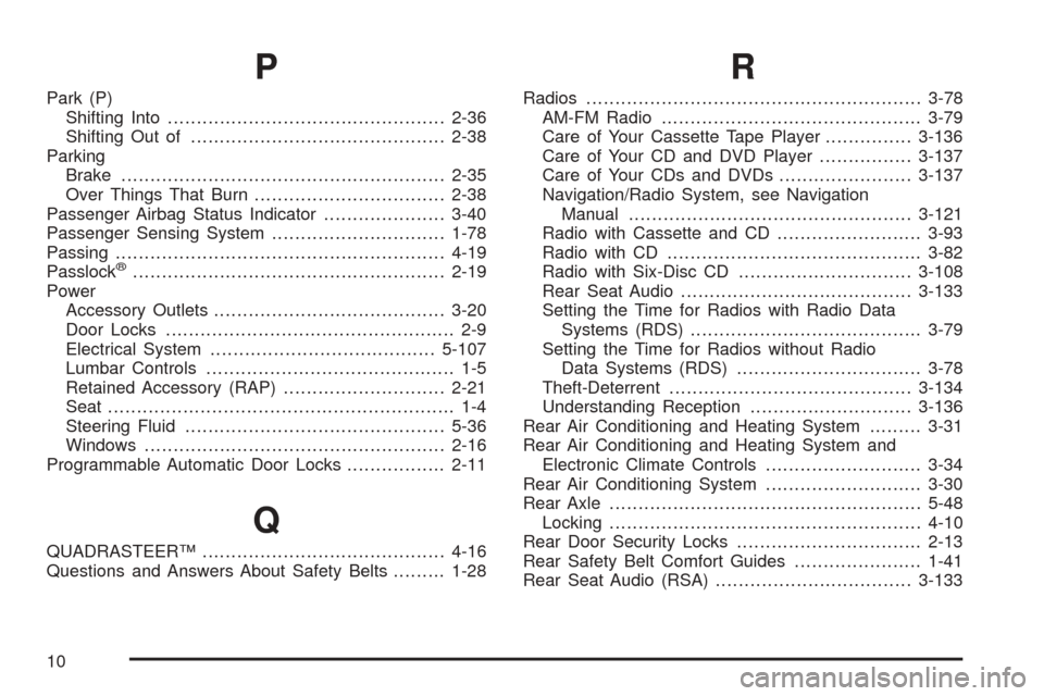 CHEVROLET SUBURBAN 2005 9.G Owners Manual P
Park (P)
Shifting Into................................................2-36
Shifting Out of............................................2-38
Parking
Brake..............................................
