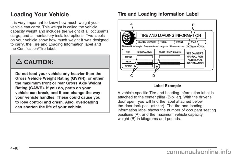 CHEVROLET SUBURBAN 2006 9.G Owners Manual Loading Your Vehicle
It is very important to know how much weight your
vehicle can carry. This weight is called the vehicle
capacity weight and includes the weight of all occupants,
cargo, and all non