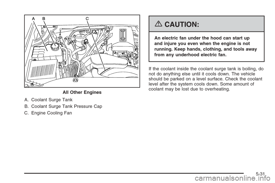 CHEVROLET SUBURBAN 2006 9.G Owners Manual A. Coolant Surge Tank
B. Coolant Surge Tank Pressure Cap
C. Engine Cooling Fan
{CAUTION:
An electric fan under the hood can start up
and injure you even when the engine is not
running. Keep hands, clo