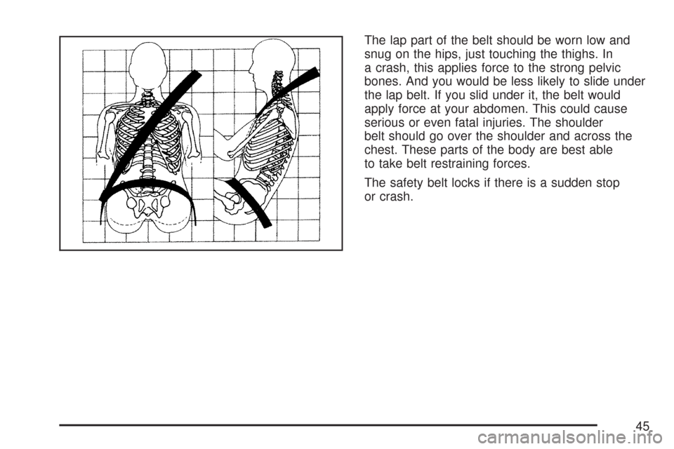 CHEVROLET SUBURBAN 2007 10.G Owners Manual The lap part of the belt should be worn low and
snug on the hips, just touching the thighs. In
a crash, this applies force to the strong pelvic
bones. And you would be less likely to slide under
the l