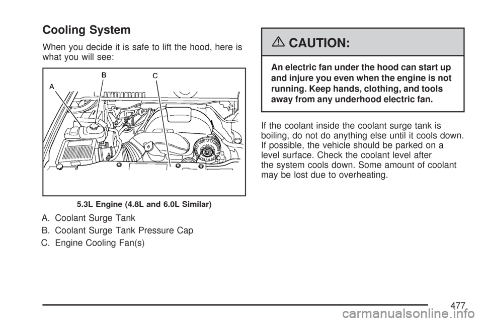 CHEVROLET SUBURBAN 2007 10.G Owners Manual Cooling System
When you decide it is safe to lift the hood, here is
what you will see:
A. Coolant Surge Tank
B. Coolant Surge Tank Pressure Cap
C. Engine Cooling Fan(s){CAUTION:
An electric fan under 