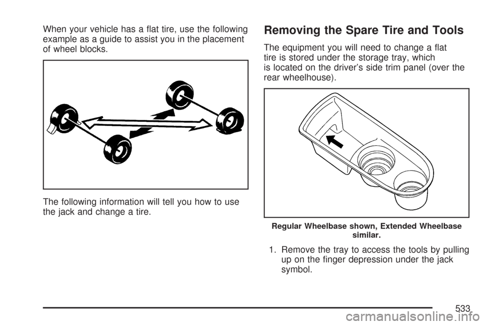 CHEVROLET SUBURBAN 2007 10.G Owners Manual When your vehicle has a �at tire, use the following
example as a guide to assist you in the placement
of wheel blocks.
The following information will tell you how to use
the jack and change a tire.Rem