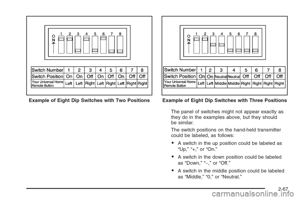 CHEVROLET SUBURBAN 2008 10.G Owners Manual The panel of switches might not appear exactly as
they do in the examples above, but they should
be similar.
The switch positions on the hand-held transmitter
could be labeled, as follows:
A switch i