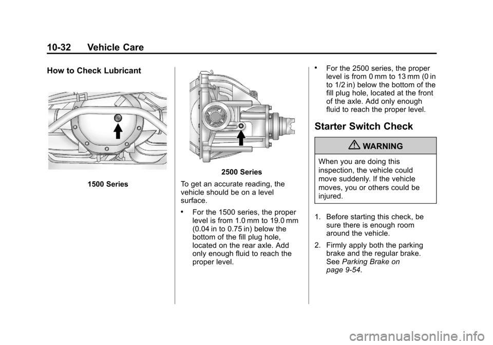 CHEVROLET SUBURBAN 2011 10.G Owners Manual Black plate (32,1)Chevrolet Tahoe/Suburban Owner Manual - 2011
10-32 Vehicle Care
How to Check Lubricant
1500 Series
2500 Series
To get an accurate reading, the
vehicle should be on a level
surface.
.