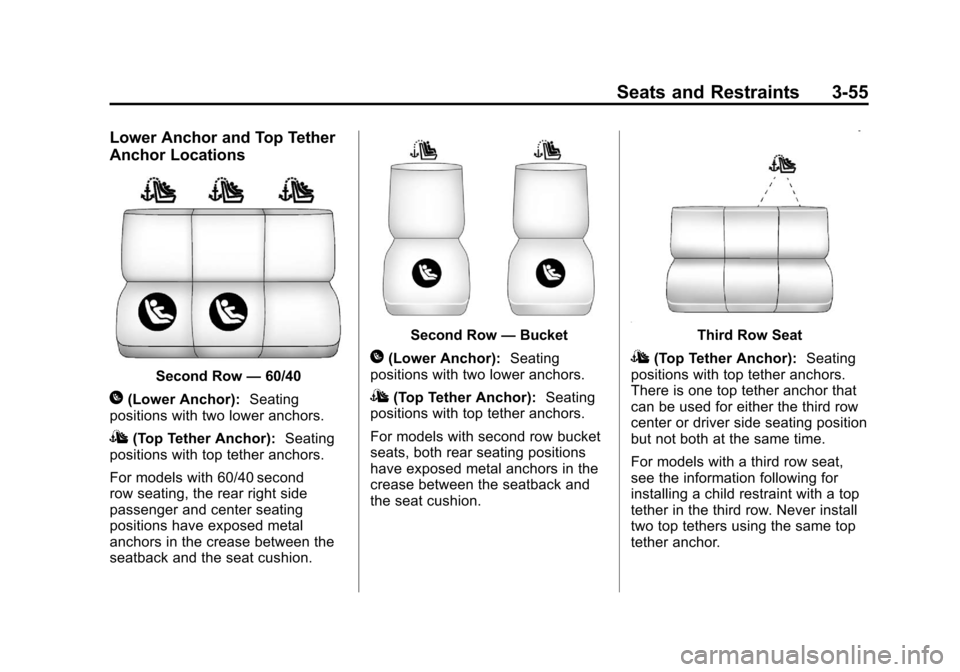 CHEVROLET SUBURBAN 2012 10.G Owners Manual Black plate (55,1)Chevrolet Tahoe/Suburban Owner Manual - 2012
Seats and Restraints 3-55
Lower Anchor and Top Tether
Anchor Locations
Second Row—60/40
H(Lower Anchor): Seating
positions with two low