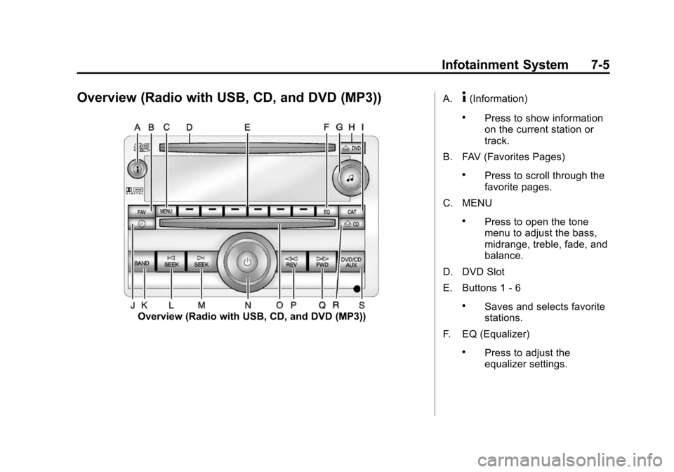 CHEVROLET SUBURBAN 2014 10.G Owners Manual (5,1)Chevrolet Tahoe/Suburban Owner Manual (GMNA-Localizing-U.S./Canada/
Mexico-6081502) - 2014 - crc2 - 9/17/13
Infotainment System 7-5
Overview (Radio with USB, CD, and DVD (MP3))
Overview (Radio wi