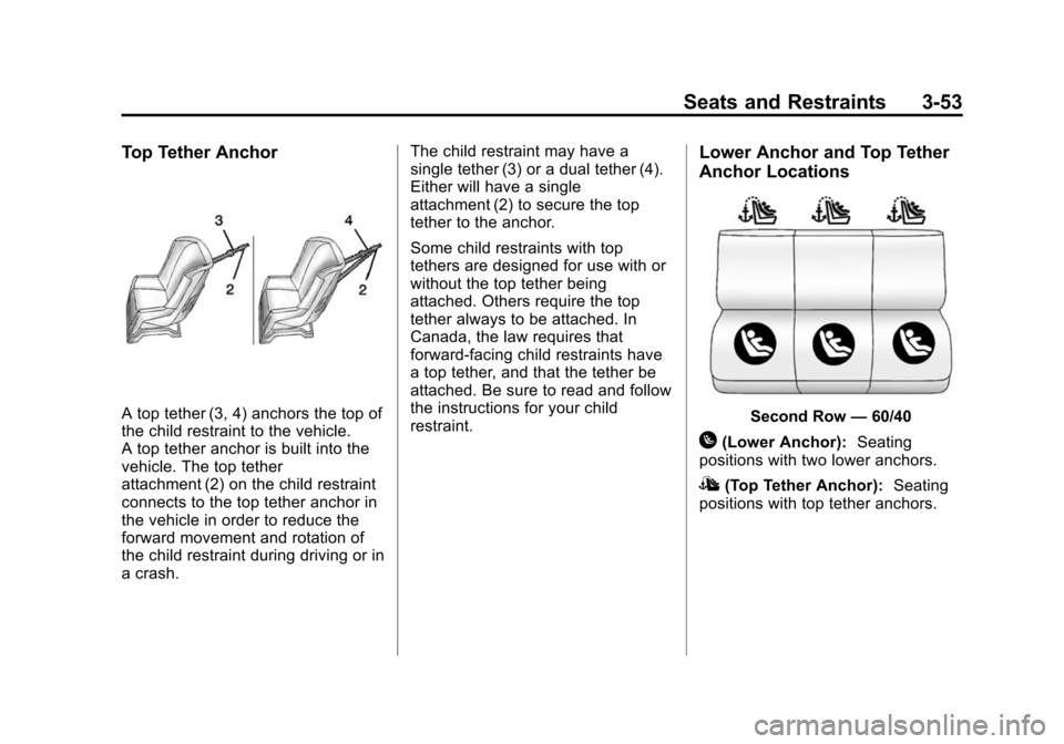 CHEVROLET SUBURBAN 2015 11.G Owners Manual Black plate (53,1)Chevrolet 2015i Tahoe/Suburban Owner Manual (GMNA-Localizing-U.S./
Canada/Mexico-8431502) - 2015 - crc - 1/12/15
Seats and Restraints 3-53
Top Tether Anchor
A top tether (3, 4) ancho