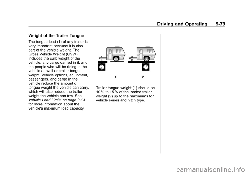 CHEVROLET SUBURBAN 2015 11.G Owners Manual Black plate (79,1)Chevrolet 2015i Tahoe/Suburban Owner Manual (GMNA-Localizing-U.S./
Canada/Mexico-8431502) - 2015 - crc - 1/12/15
Driving and Operating 9-79
Weight of the Trailer Tongue
The tongue lo