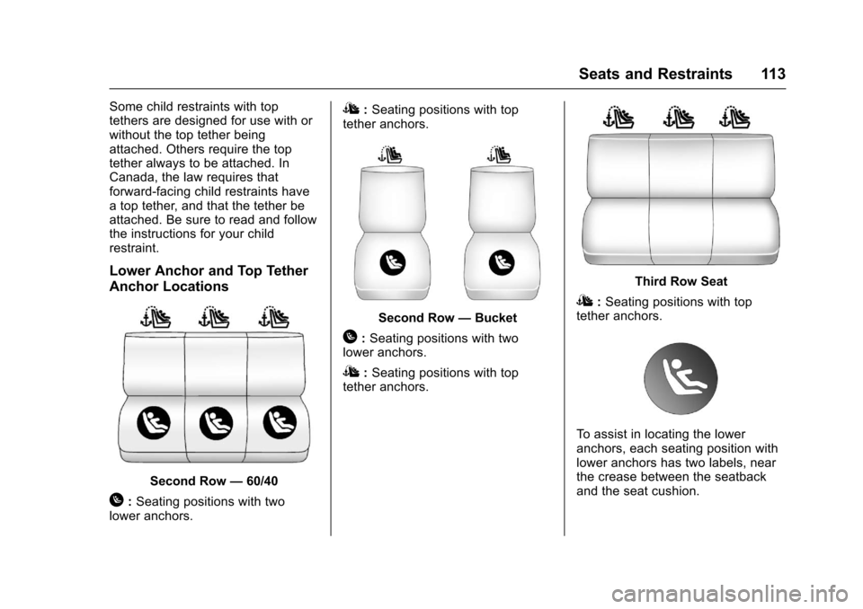 CHEVROLET SUBURBAN 2017 11.G Owners Manual Chevrolet Tahoe/Suburban Owner Manual (GMNA-Localizing-U.S./Canada/
Mexico-9955986) - 2017 - crc - 7/5/16
Seats and Restraints 113
Some child restraints with top
tethers are designed for use with or
w