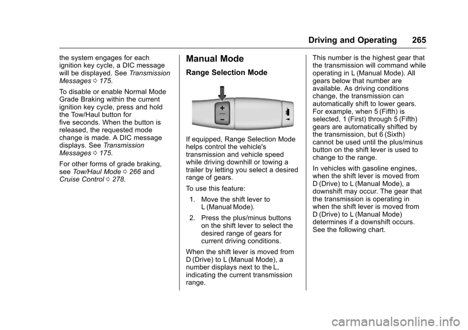 CHEVROLET SUBURBAN 2017 11.G Owners Manual Chevrolet Tahoe/Suburban Owner Manual (GMNA-Localizing-U.S./Canada/
Mexico-9955986) - 2017 - crc - 7/5/16
Driving and Operating 265
the system engages for each
ignition key cycle, a DIC message
will b