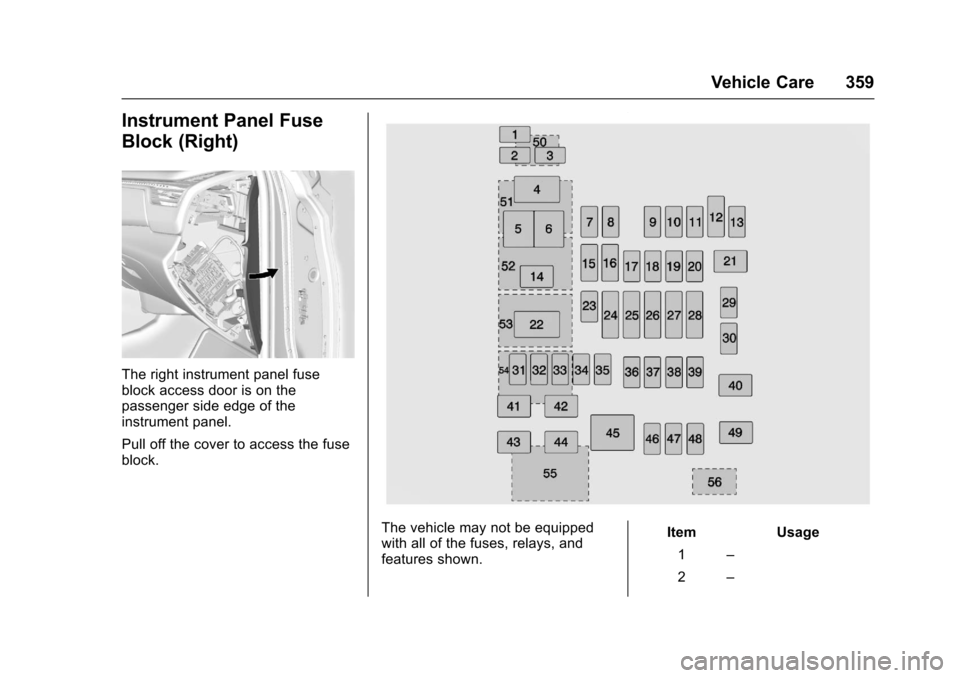 CHEVROLET SUBURBAN 2017 11.G Owners Manual Chevrolet Tahoe/Suburban Owner Manual (GMNA-Localizing-U.S./Canada/
Mexico-9955986) - 2017 - crc - 7/5/16
Vehicle Care 359
Instrument Panel Fuse
Block (Right)
The right instrument panel fuse
block acc