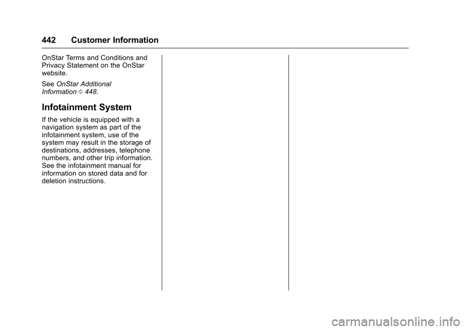 CHEVROLET SUBURBAN 2017 11.G Owners Manual Chevrolet Tahoe/Suburban Owner Manual (GMNA-Localizing-U.S./Canada/
Mexico-9955986) - 2017 - crc - 7/5/16
442 Customer Information
OnStar Terms and Conditions and
Privacy Statement on the OnStar
websi