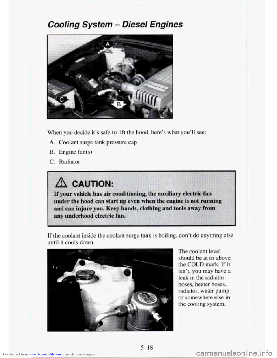 CHEVROLET TAHOE 1995 1.G Owners Manual Downloaded from www.Manualslib.com manuals search engine Cooling System - Diesel Engines 
When you decide it’s safe  to lift the hood, here’s what you’ll  see: 
A. Coolant surge tank pressure ca