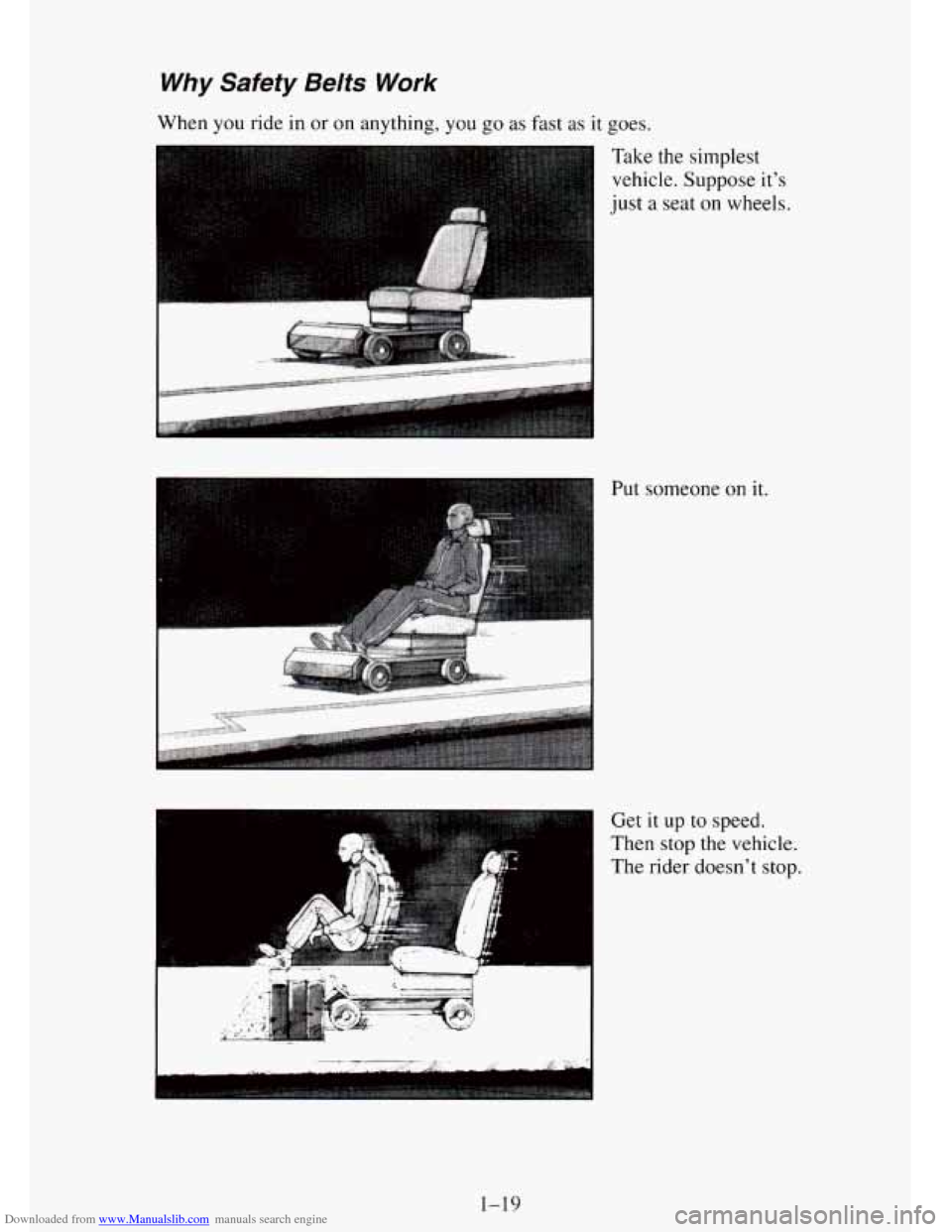 CHEVROLET TAHOE 1995 1.G Owners Manual Downloaded from www.Manualslib.com manuals search engine Why  Safety  Belts Work 
When you ride in or on anything, you go as  fast as it goes. 
Take the  simplest 
vehicle.  Suppose  its 
just 
a sea