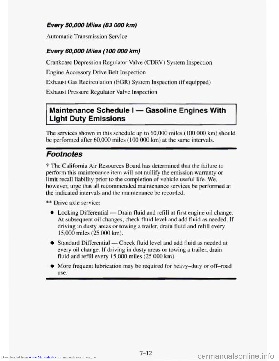 CHEVROLET TAHOE 1995 1.G Owners Manual Downloaded from www.Manualslib.com manuals search engine Every 50,000 Miles (83 000 km) 
Automatic Transmission Service 
Every 60,000 Miles (100 000 km) 
Crankcase Depression Regulator Valve (CDRV) Sy