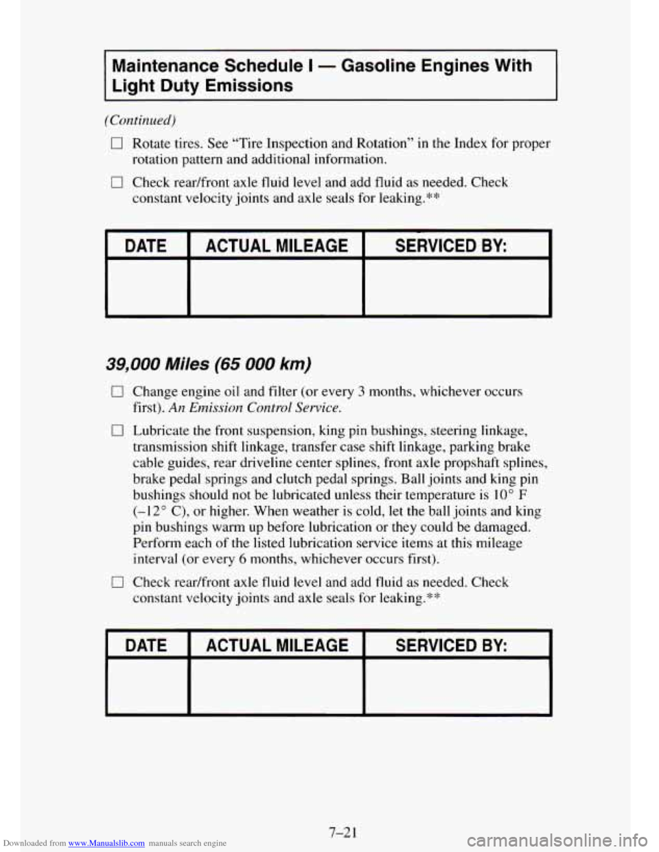 CHEVROLET TAHOE 1995 1.G Owners Manual Downloaded from www.Manualslib.com manuals search engine Maintenance Schedule I - Gasoline Engines  With 
Light  Duty  Emissions 
(Continued) 
0 Rotate tires. See "Tire  Inspection and Rotation  in 