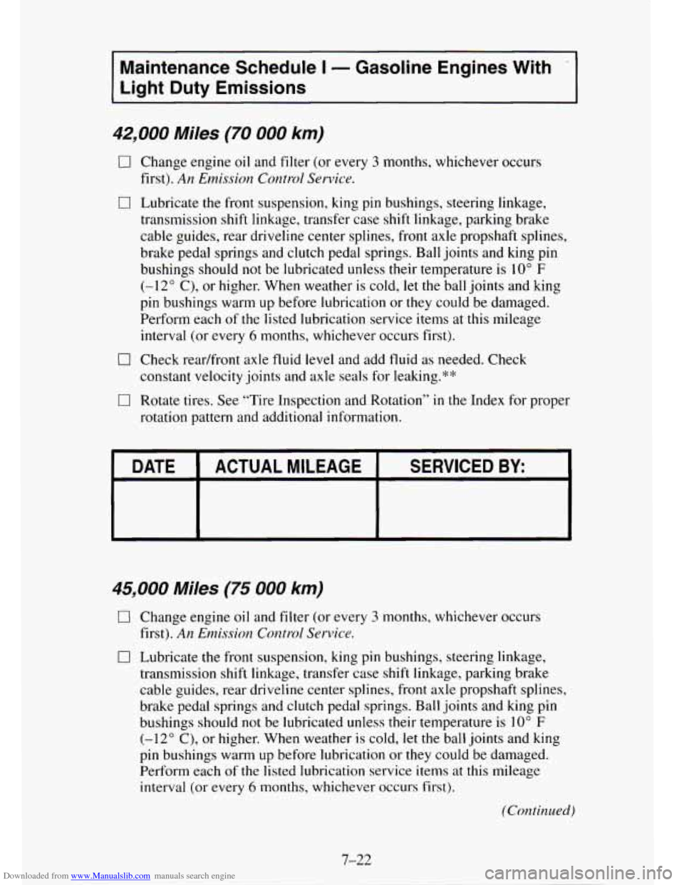 CHEVROLET TAHOE 1995 1.G Owners Manual Downloaded from www.Manualslib.com manuals search engine Maintenance  Schedule I - Gasoline  Engines  With  
Light Duty  Emissions 
42,000 Miles (70 000 km) 
0 Change engine oil and filter (or every 