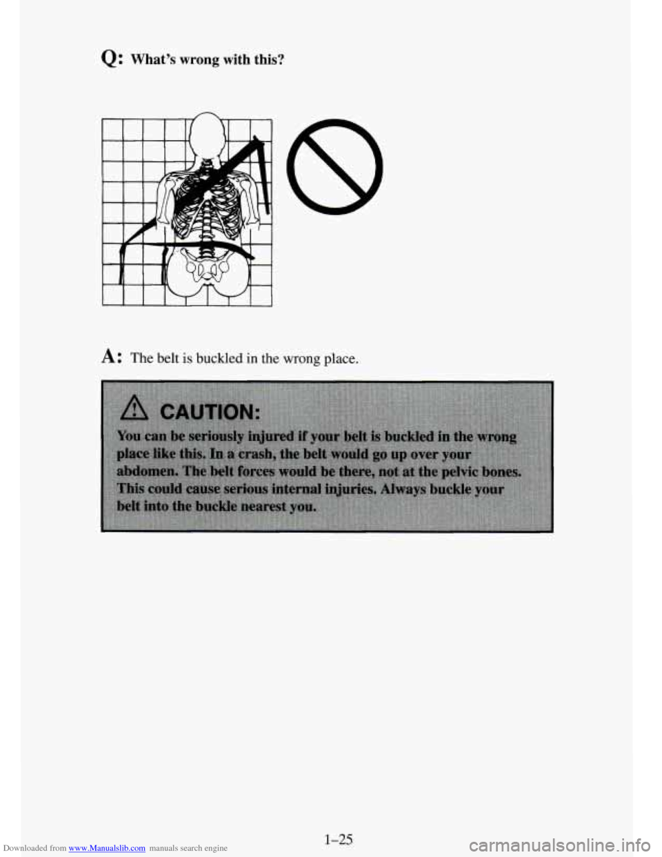 CHEVROLET TAHOE 1995 1.G Owners Manual Downloaded from www.Manualslib.com manuals search engine Q: What’s  wrong  with  this? 
A: The belt is buckled in the wrong place. 
1-25   