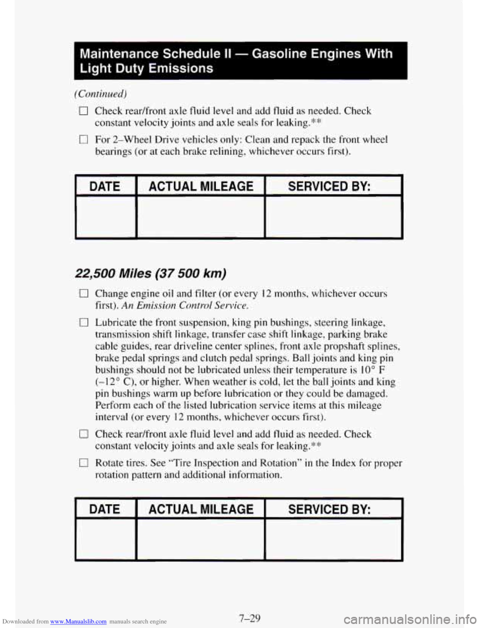 CHEVROLET TAHOE 1995 1.G Owners Manual Downloaded from www.Manualslib.com manuals search engine Maintenance  Schedule II - Gasoline  Engines  With 
Light 
Duty Emissions 
(Continued) 
0 Check  readfront  axle  fluid level  and add fluid as