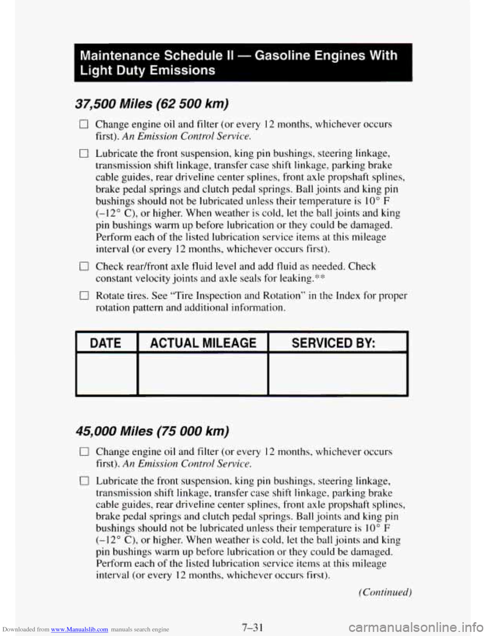 CHEVROLET TAHOE 1995 1.G Owners Manual Downloaded from www.Manualslib.com manuals search engine Maintenance Schedule II - Gasoline Engines With 
Light 
Duty Emissions ~ 
~~~  ~~ 
37,500 Miles (62 500 km) 
0 Change  engine 
oil and filter  