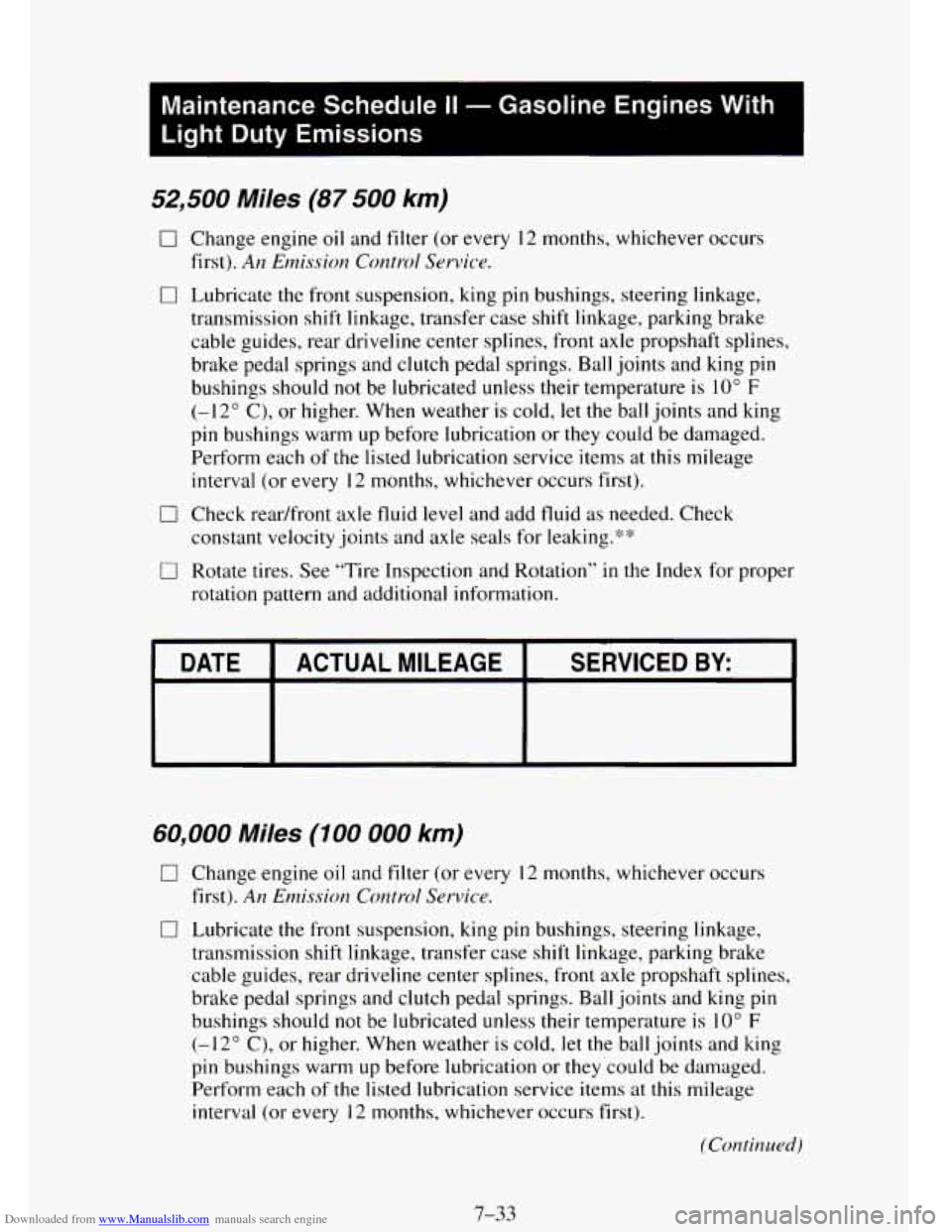 CHEVROLET TAHOE 1995 1.G Owners Manual Downloaded from www.Manualslib.com manuals search engine I 
Maintenance  Schedule II - Gasoline  Engines  With 
Light  Duty  Emissions 
I 
52,500 Miles (87 500 km) 
0 Change  engine oil and  filter  (