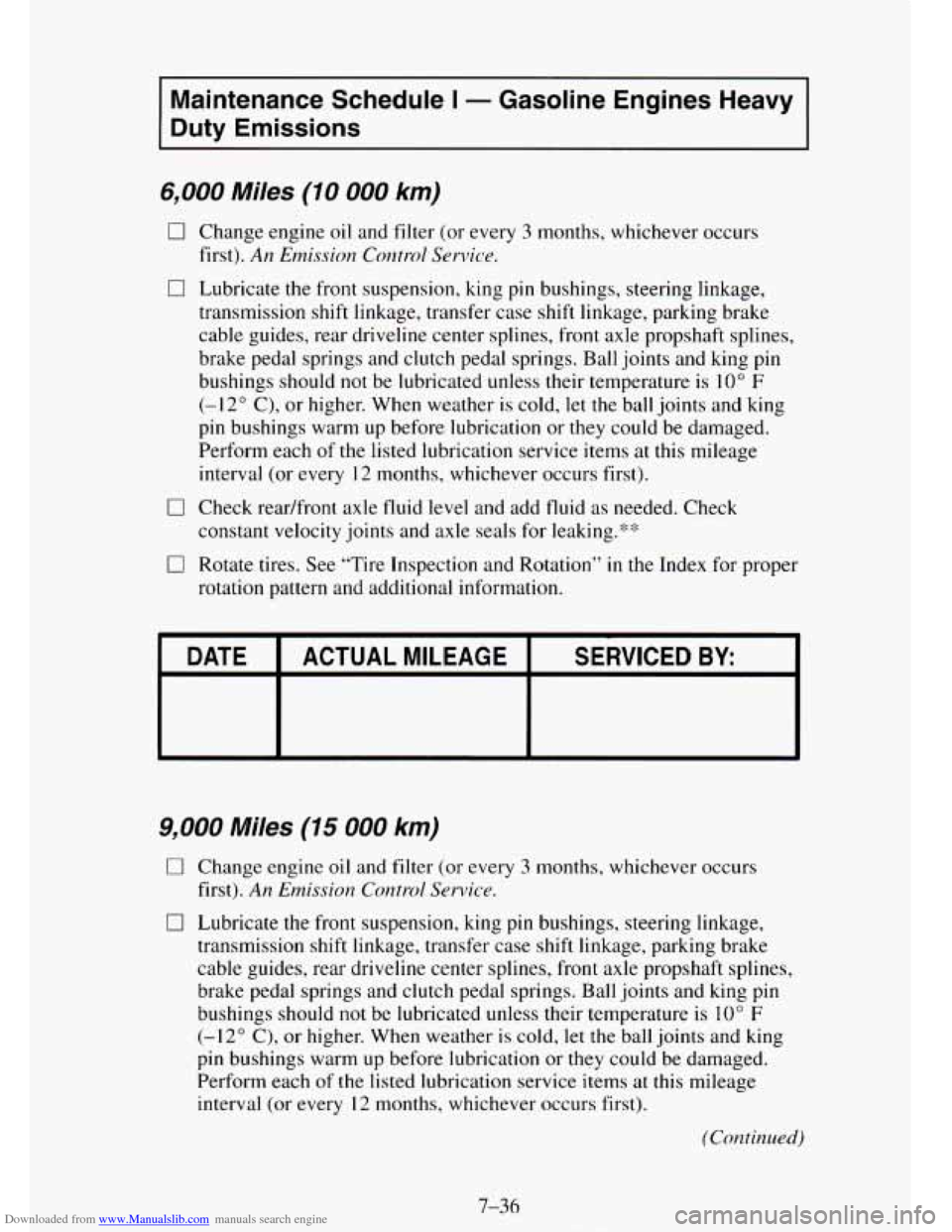 CHEVROLET TAHOE 1995 1.G Owners Manual Downloaded from www.Manualslib.com manuals search engine Maintenance  Schedule I - Gasoline  Engines  Heavy 
Duty  Emissions 
6,000 Miles (10 000 km) 
0 Change  engine oil and  filter  (or  every 3 mo