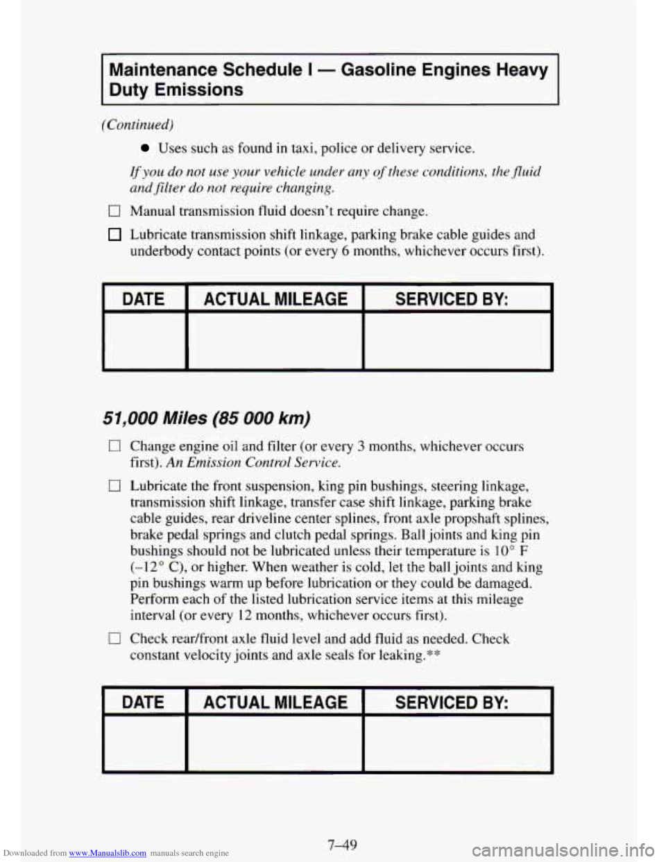 CHEVROLET TAHOE 1995 1.G Owners Manual Downloaded from www.Manualslib.com manuals search engine Maintenance Schedule I - Gasoline  Engines  Heavy 
Duty  Emissions 
(Continued) 
Uses such as found in taxi,  police  or  delivery service. 
If
