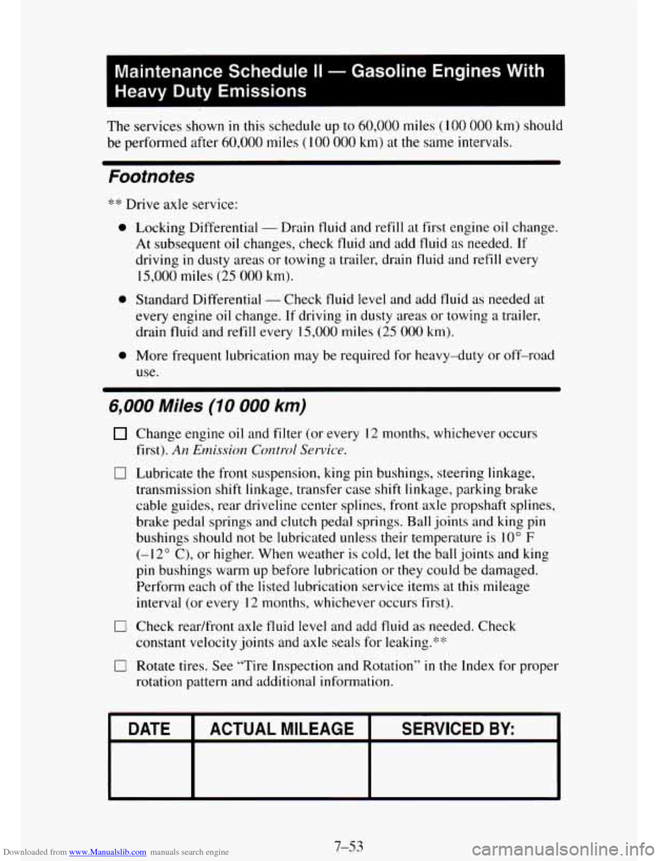 CHEVROLET TAHOE 1995 1.G Owners Manual Downloaded from www.Manualslib.com manuals search engine I 
Maintenance Schedule II - Gasoline  Engines With 
Heavy Duty Emissions I 
The  services shown in this schedule  up to 60,000 miles (100 000 