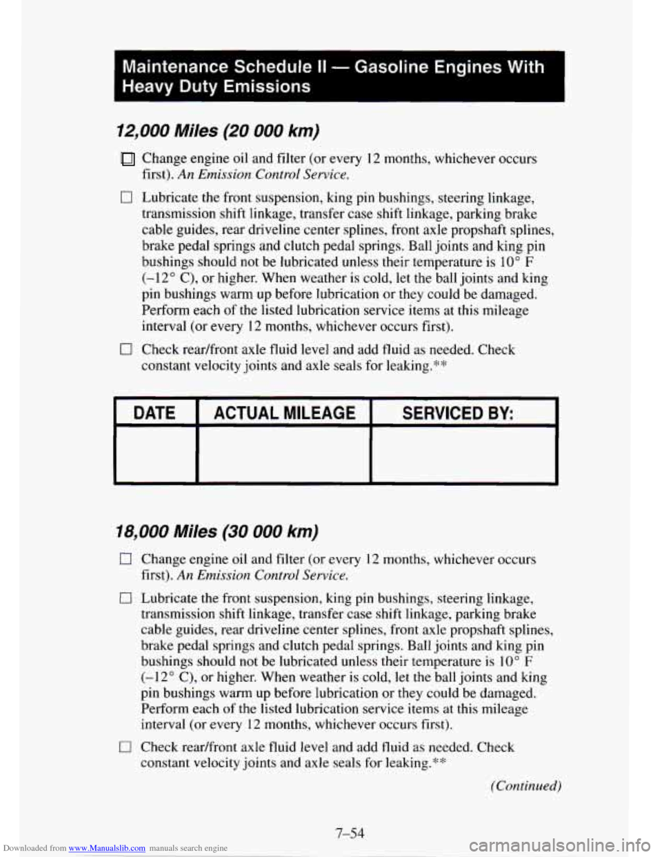 CHEVROLET TAHOE 1995 1.G Owners Manual Downloaded from www.Manualslib.com manuals search engine I 
Maintenance  Schedule II - Gasoline  Engines  With 
Heavy 
Duty Emissions 
12,000  Miles (20 000 km) 
Change  engine oil and filter  (or eve