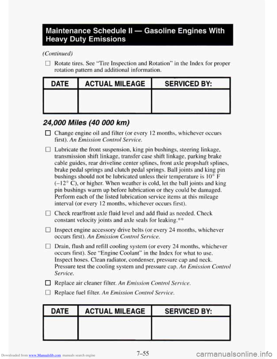 CHEVROLET TAHOE 1995 1.G Owners Manual Downloaded from www.Manualslib.com manuals search engine Maintenance Schedule II - Gasoline  Engines  With 
Heavy  Duty  Emissions 
1 Lvntinued) 
0 Rotate tires. See “Tire Inspection  and  Rotation
