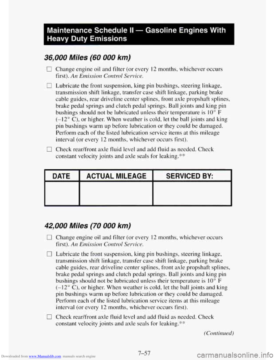 CHEVROLET TAHOE 1995 1.G Owners Manual Downloaded from www.Manualslib.com manuals search engine I 
Maintenance  Schedule II - Gasoline  Engines  With 
Heavy  Duty  Emissions 
I 
36,000 Miles (60 000 km) 
0 Change  engine oil and  filter  (