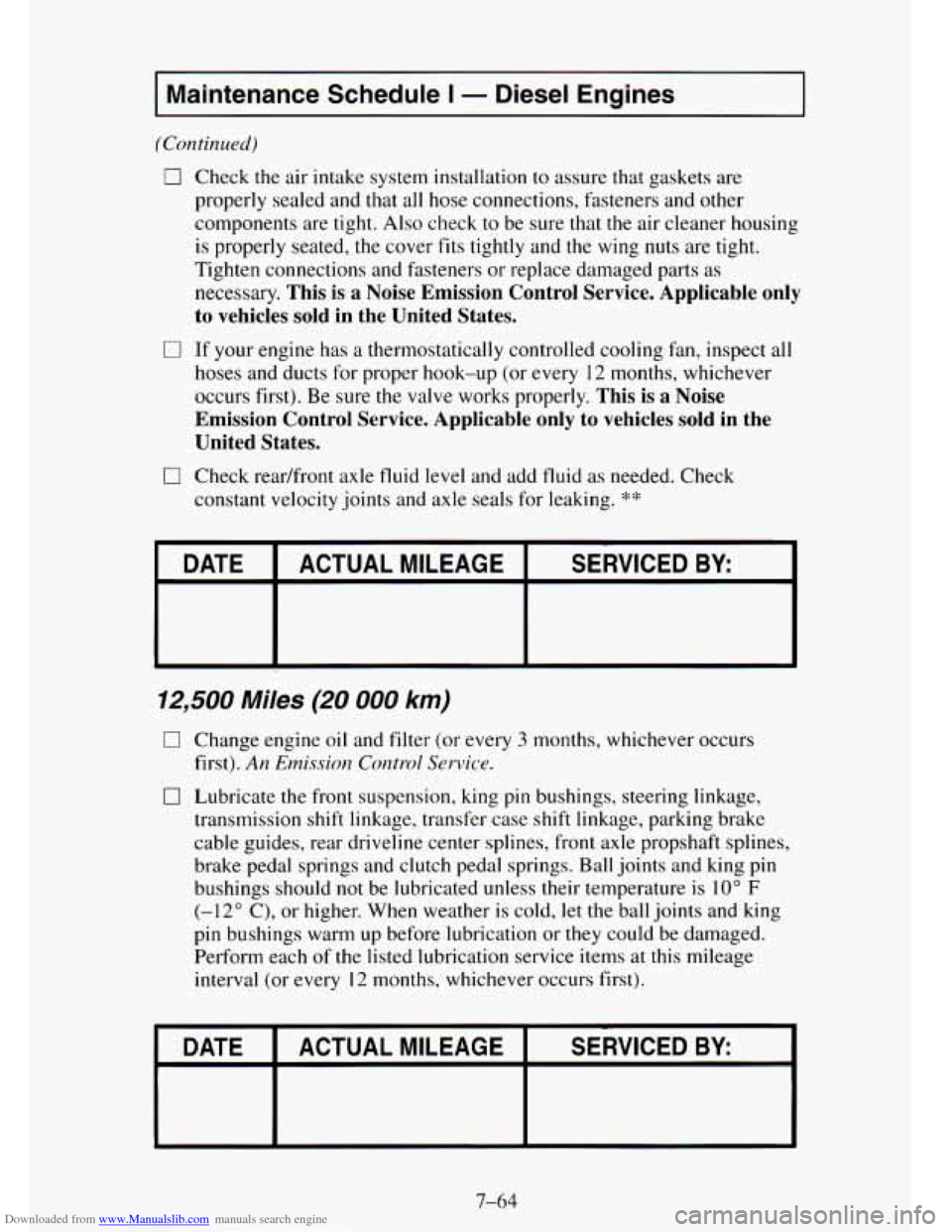 CHEVROLET TAHOE 1995 1.G Owners Manual Downloaded from www.Manualslib.com manuals search engine I Maintenance  Schedule I - Diesel  Engines I 
(Continued) 
0 
0 
0 
Check the air intake system installation to assure that gaskets  are 
prop