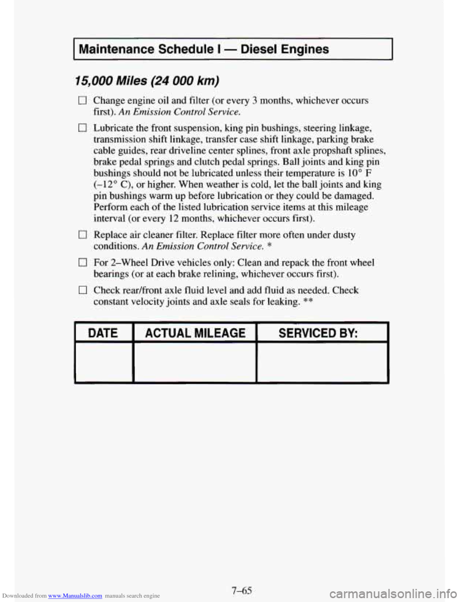 CHEVROLET TAHOE 1995 1.G Owners Manual Downloaded from www.Manualslib.com manuals search engine I Maintenance Schedule I - Diesel  Engines I 
15,000 Miles (24 000 km) 
[7 Change  engine  oil and filter  (or  every 3 months, whichever  occu