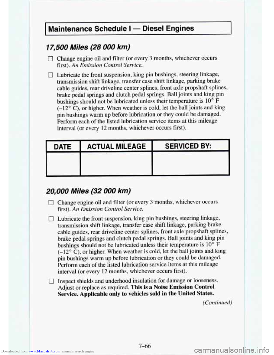 CHEVROLET TAHOE 1995 1.G Owners Manual Downloaded from www.Manualslib.com manuals search engine I Maintenance  Schedule I - Diesel  Engines I 
17,500 Miles (28 000 km) 
0 Change engine oil and filter (or every 3 months, whichever occurs 
0
