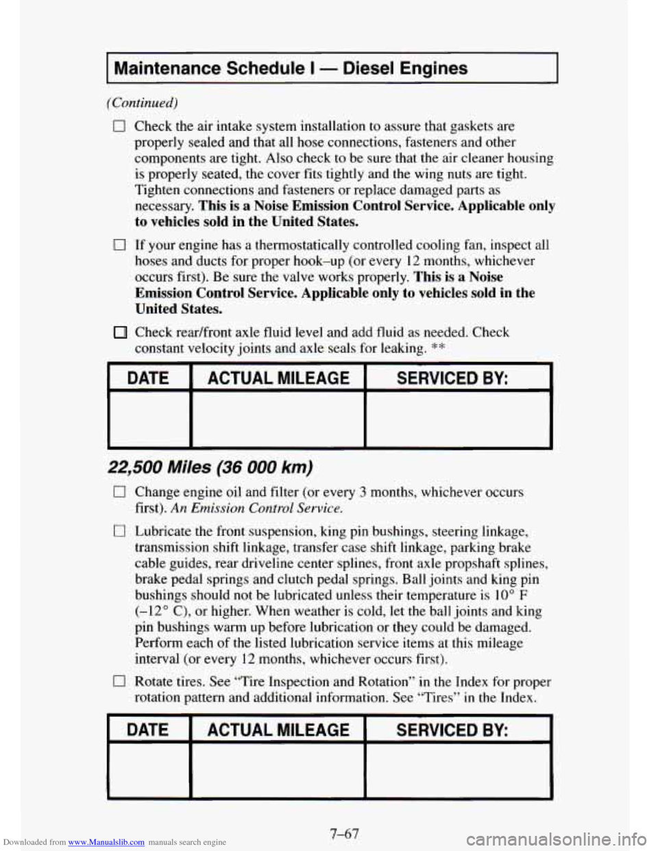 CHEVROLET TAHOE 1995 1.G Owners Manual Downloaded from www.Manualslib.com manuals search engine I Maintenance Schedule I - Diesel  Engines I 
(Continued) 
0 
Check  the  air  intake system installation to assure that gaskets  are 
properly