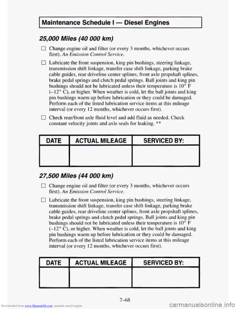CHEVROLET TAHOE 1995 1.G Owners Manual Downloaded from www.Manualslib.com manuals search engine I 
I Maintenance  Schedule I - Diesel  Engines ~~ 
25,000 Miles (40 000 km) 
0 
0 
0 
Change engine oil and filter  (or every 3 months, whichev