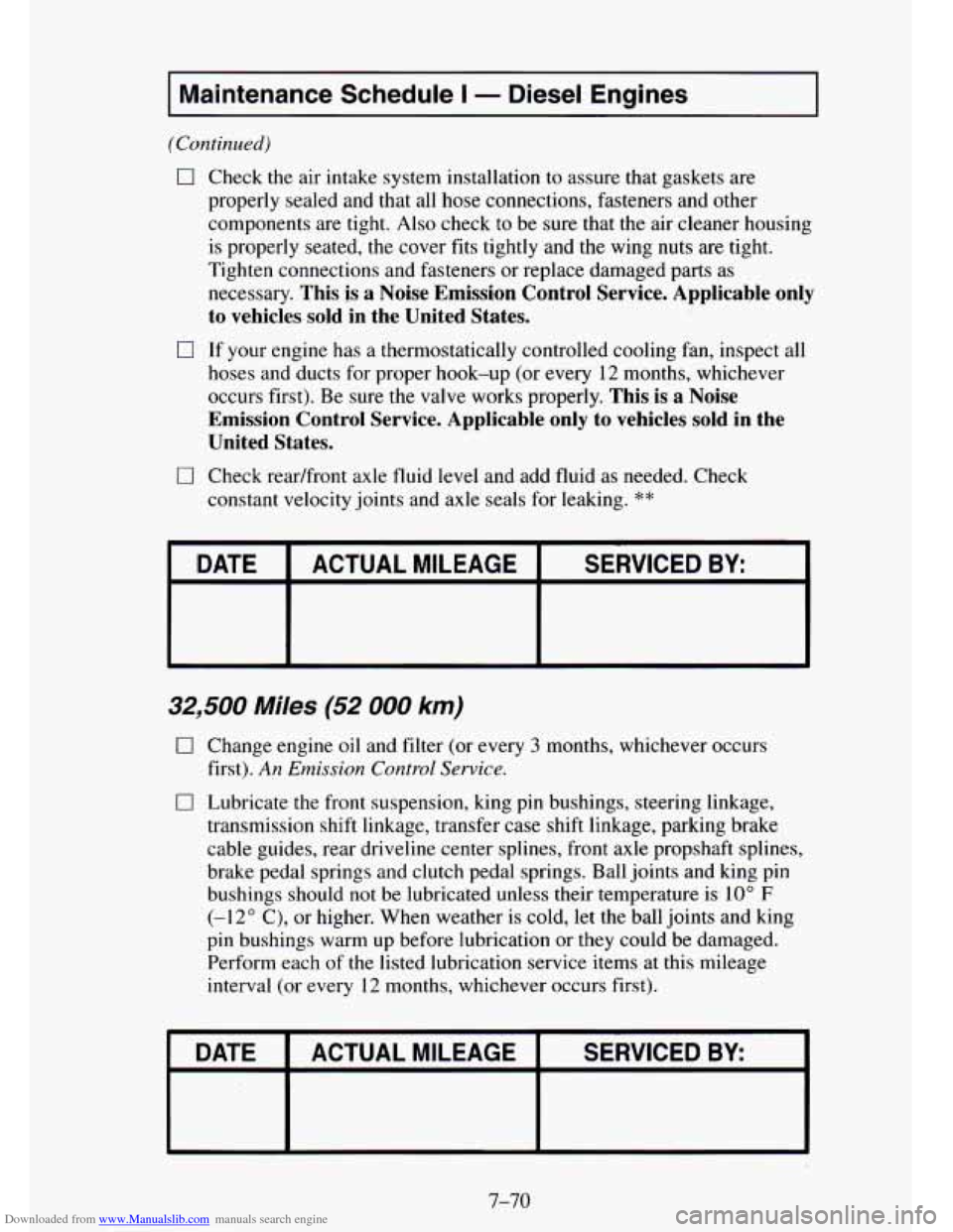 CHEVROLET TAHOE 1995 1.G Owners Manual Downloaded from www.Manualslib.com manuals search engine I Maintenance  Schedule I - Diesel  Engines I 
(Continued) 
0 Check the air intake system installation  to  assure that gaskets  are 
properly 
