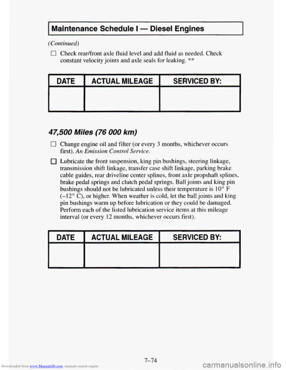 CHEVROLET TAHOE 1995 1.G Owners Manual Downloaded from www.Manualslib.com manuals search engine I Maintenance  Schedule I - Diesel  Engines I 
(Continued) 
0 Check readfront  axle  fluid  level and add fluid as needed. Check 
constant velo