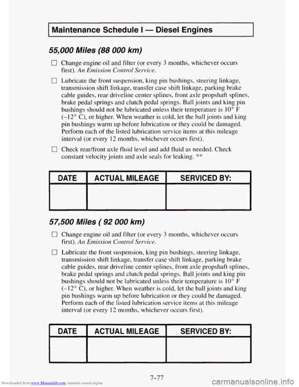 CHEVROLET TAHOE 1995 1.G Owners Manual Downloaded from www.Manualslib.com manuals search engine I Maintenance Schedule I - Diesel  Engines 
55,000 Miles (88 000 km) 
0 Change engine oil and  filter  (or  every 3 months, whichever  occurs 
