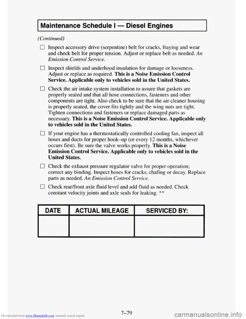 CHEVROLET TAHOE 1995 1.G Owners Manual Downloaded from www.Manualslib.com manuals search engine I Maintenance Schedule I - Diesel  Engines 
I7 Inspect  accessory  drive  (serpentine)  belt for cracks,  fraying  and wear 
and  check  belt f