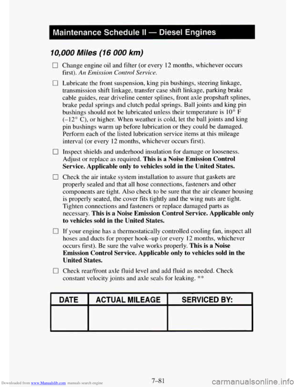 CHEVROLET TAHOE 1995 1.G Owners Manual Downloaded from www.Manualslib.com manuals search engine Maintenance  Schedule II - Diesel  Engines I 
10,000 Miles (16 000 km) 
0 Change  engine oil and filter  (or  every  12 months, whichever  occu